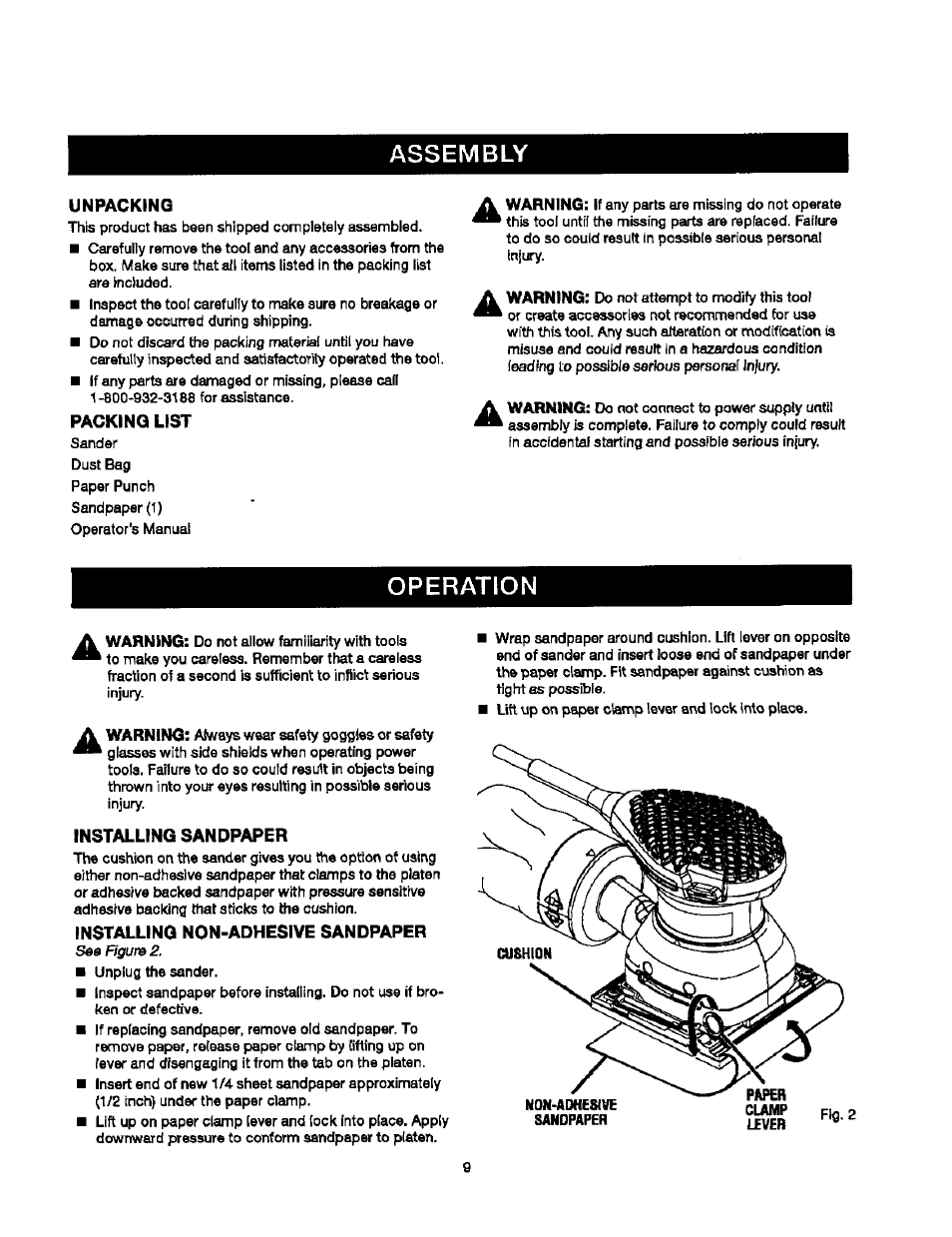 Assembly, Unpacking, Packing list | Operation, Installing sandpaper, Installing non-adhesive sandpaper | Craftsman 315.279840 User Manual | Page 9 / 16