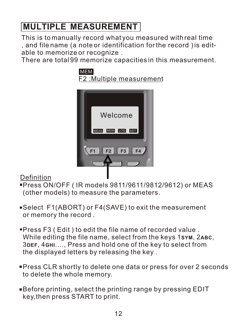 Multiple, Multiple measurement, Welcome | Definition 12 f2 :multiple measurement | ThermoWorks 9882 PRINTING DATALOGGER THERMOMETER User Manual | Page 14 / 54