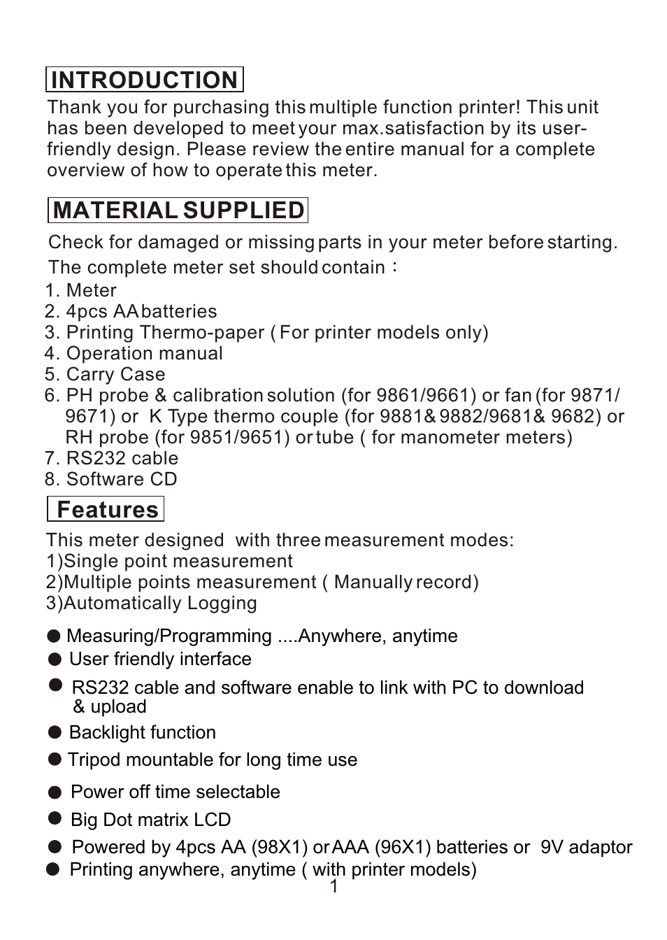 Introduction material supplied features | ThermoWorks 9882 PRINTING DATALOGGER THERMOMETER User Manual | Page 3 / 54