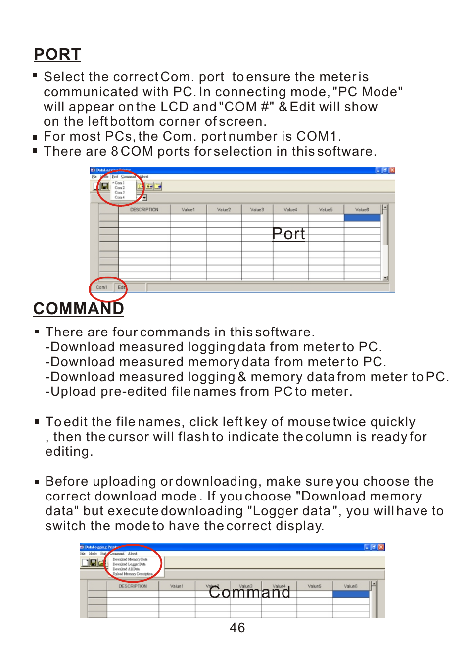 Command, Port | ThermoWorks 9882 PRINTING DATALOGGER THERMOMETER User Manual | Page 48 / 54