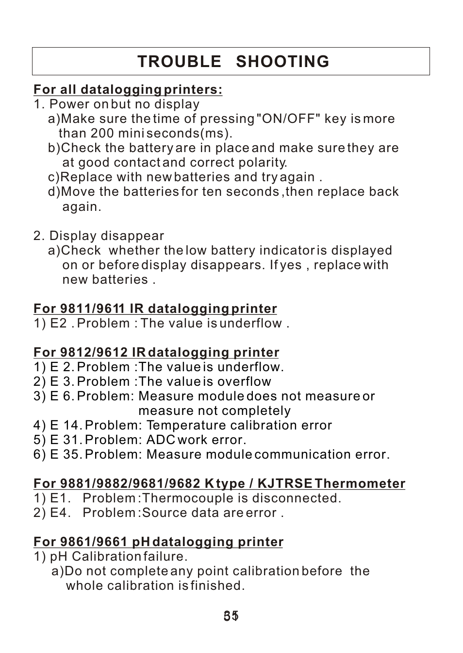 Trouble shooting | ThermoWorks 9882 PRINTING DATALOGGER THERMOMETER User Manual | Page 53 / 54