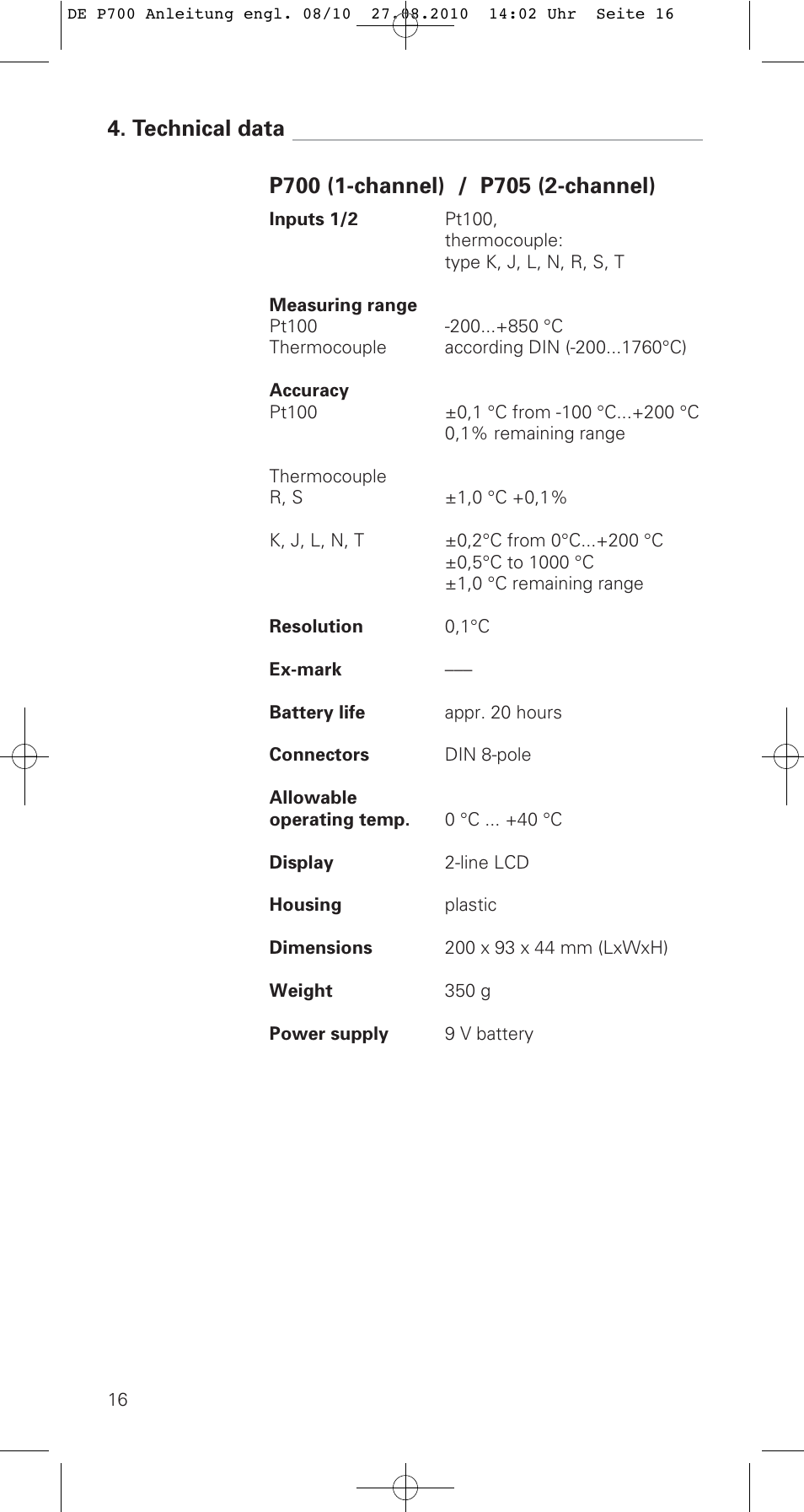 Technical data | ThermoWorks P770 PRINTING DATALOGGER THERMOMETER User Manual | Page 16 / 28