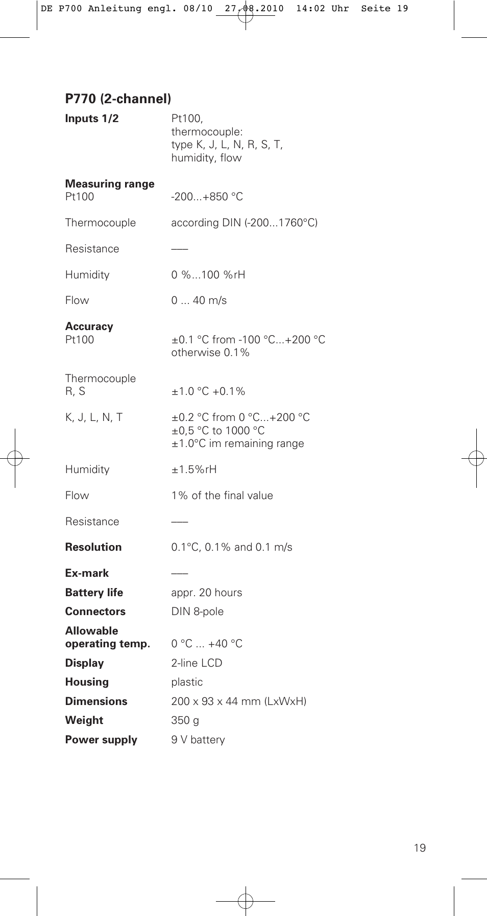 P770 (2-channel) | ThermoWorks P770 PRINTING DATALOGGER THERMOMETER User Manual | Page 19 / 28