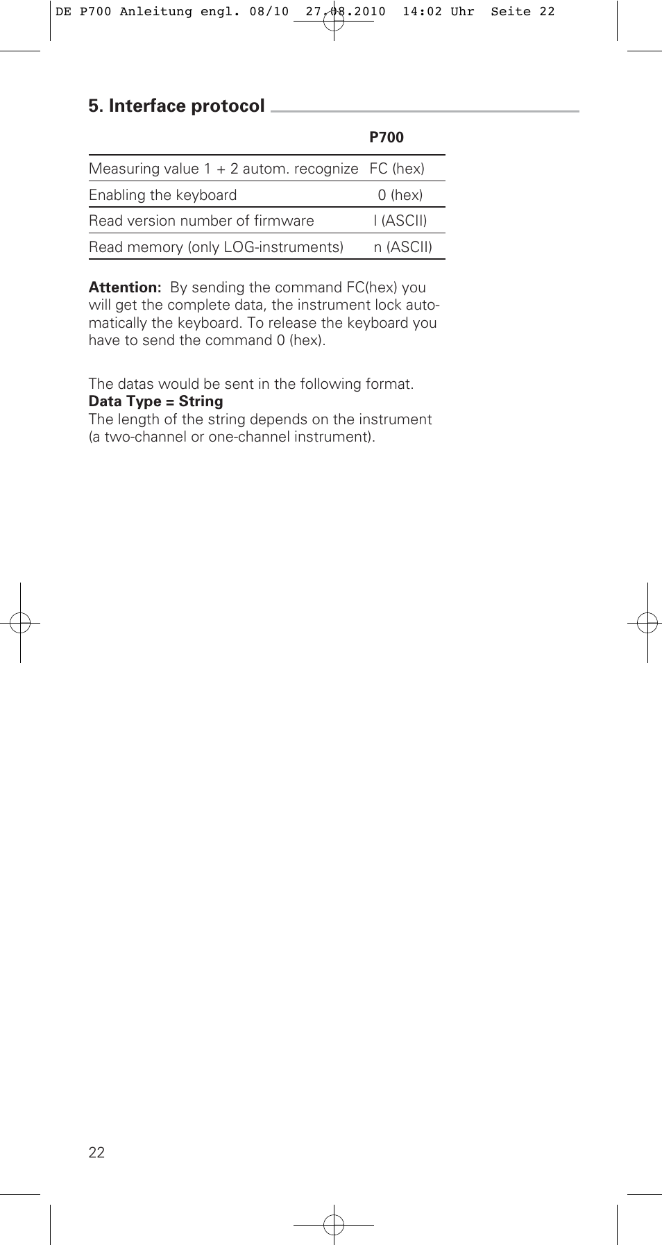 Interface protocol | ThermoWorks P770 PRINTING DATALOGGER THERMOMETER User Manual | Page 22 / 28