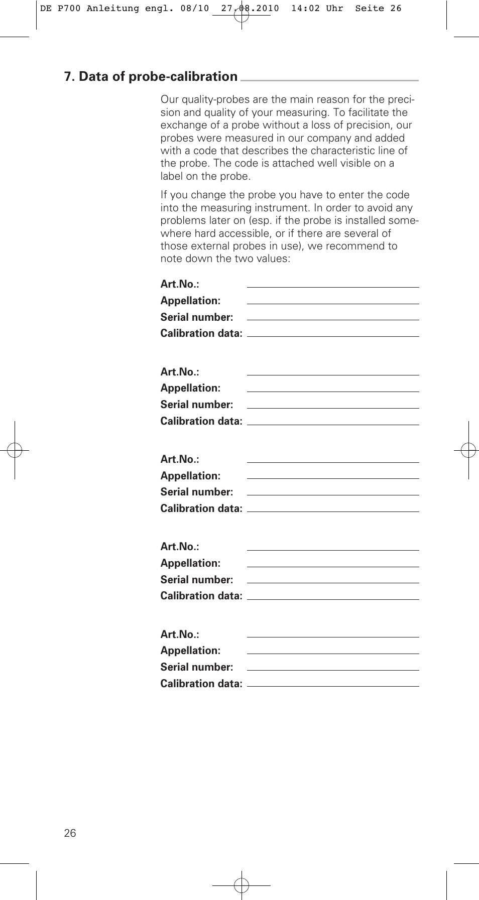 Data of probe-calibration | ThermoWorks P770 PRINTING DATALOGGER THERMOMETER User Manual | Page 26 / 28