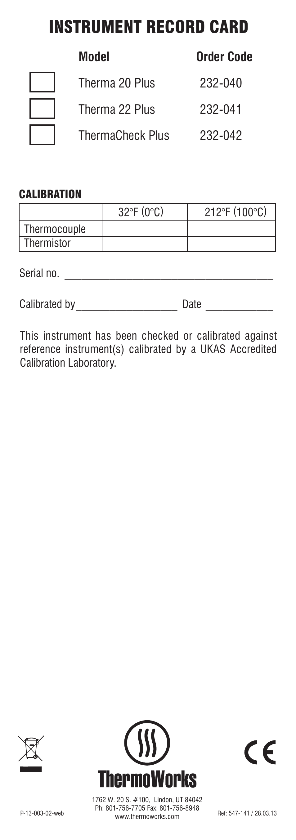 Instrument record card | ThermoWorks 232-040 THERMA 20 PLUS WATERPROOF METER User Manual | Page 4 / 4