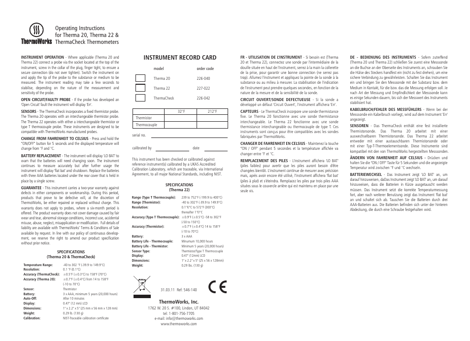 ThermoWorks 226-040 THERMA 20 User Manual | 2 pages