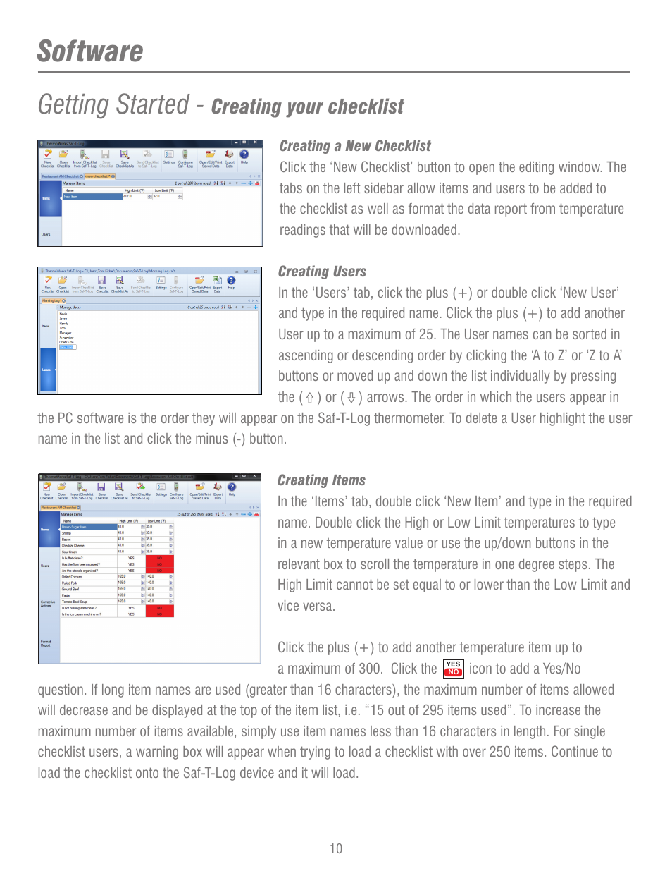 Software, Getting started, Creating your checklist | ThermoWorks 292-701 SAF-T-LOG PAPERLESS HACCP THERMOMETER  Operating Instructions User Manual | Page 10 / 18