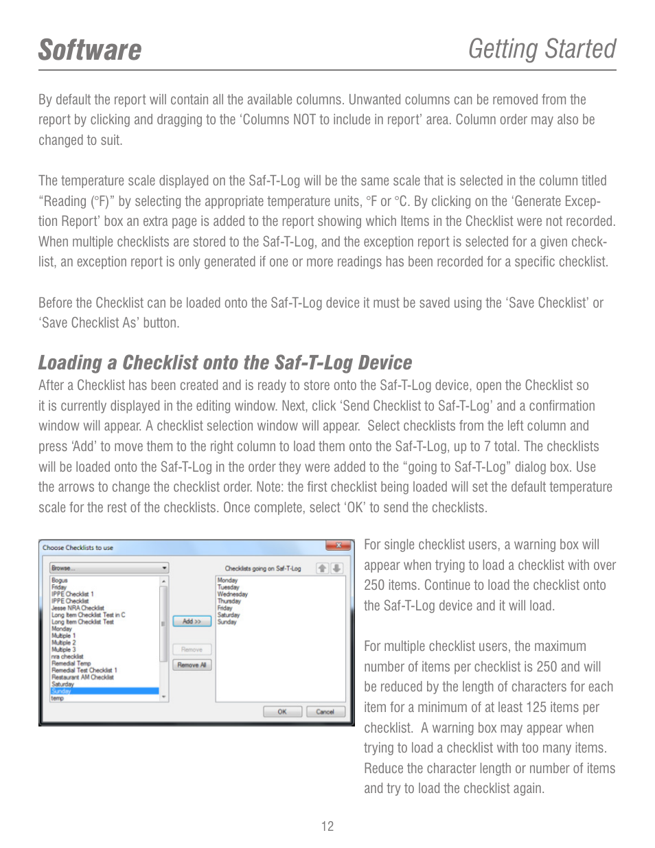 Software, Getting started, Loading a checklist onto the saf-t-log device | ThermoWorks 292-701 SAF-T-LOG PAPERLESS HACCP THERMOMETER  Operating Instructions User Manual | Page 12 / 18
