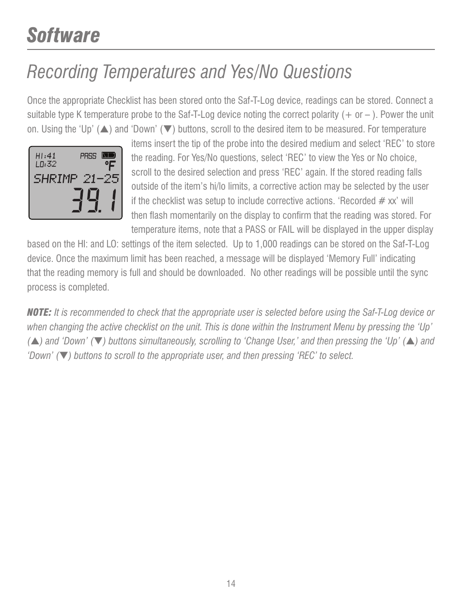 Software, Recording temperatures and yes/no questions | ThermoWorks 292-701 SAF-T-LOG PAPERLESS HACCP THERMOMETER  Operating Instructions User Manual | Page 14 / 18