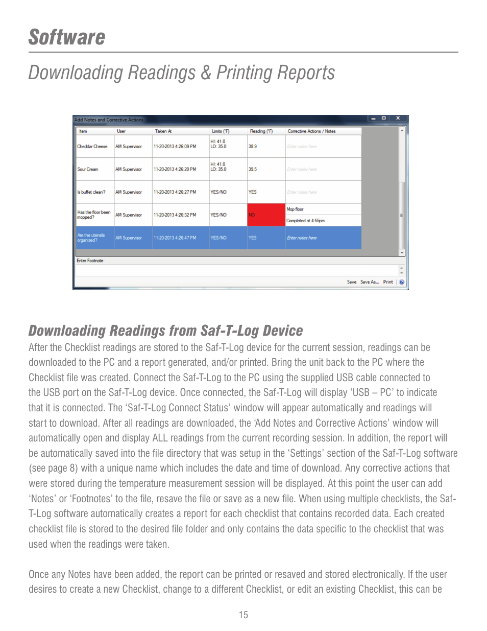 Software, Downloading readings & printing reports | ThermoWorks 292-701 SAF-T-LOG PAPERLESS HACCP THERMOMETER  Operating Instructions User Manual | Page 15 / 18