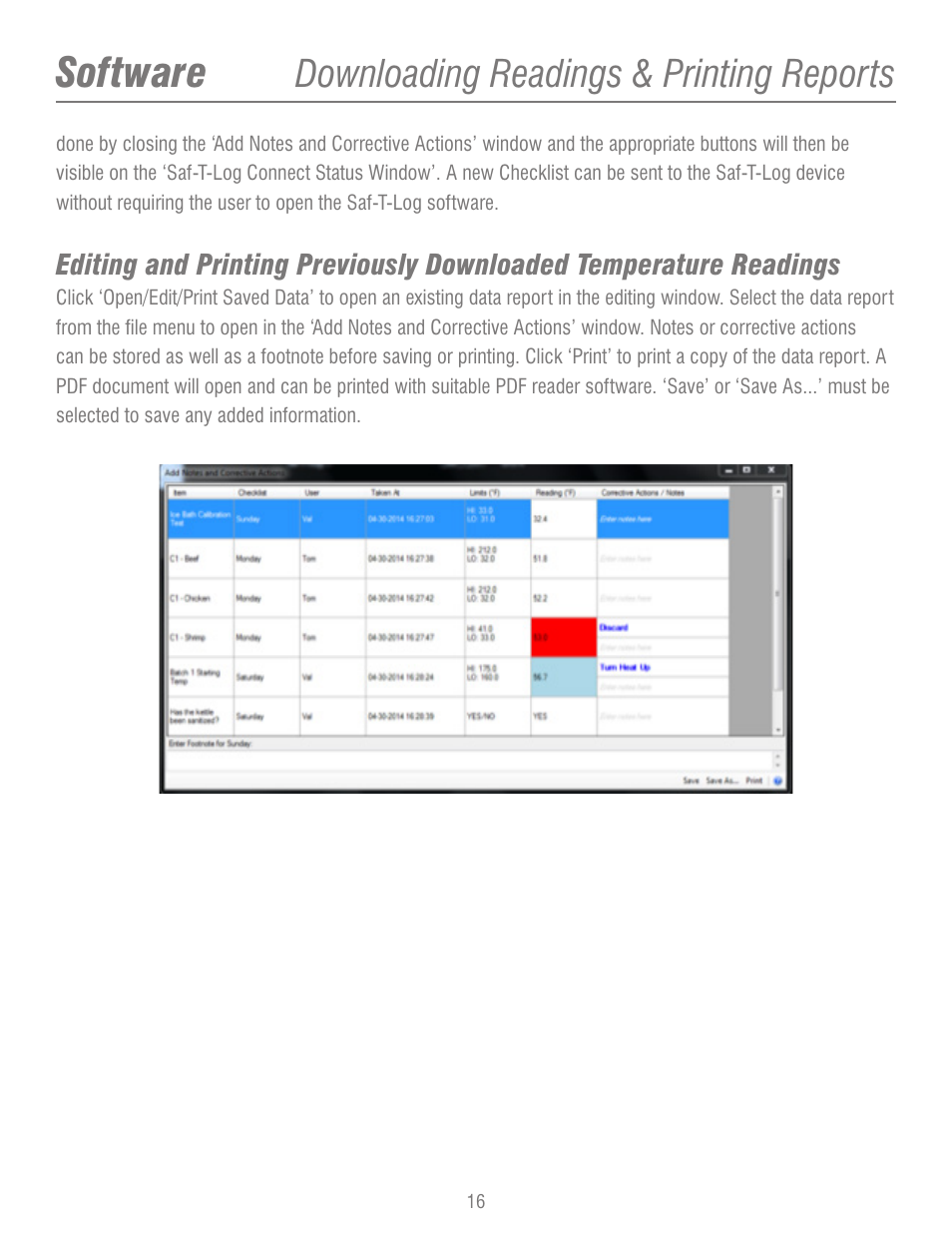 Software, Downloading readings & printing reports | ThermoWorks 292-701 SAF-T-LOG PAPERLESS HACCP THERMOMETER  Operating Instructions User Manual | Page 16 / 18