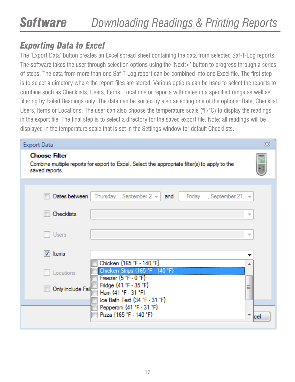 Software, Downloading readings & printing reports | ThermoWorks 292-701 SAF-T-LOG PAPERLESS HACCP THERMOMETER  Operating Instructions User Manual | Page 17 / 18