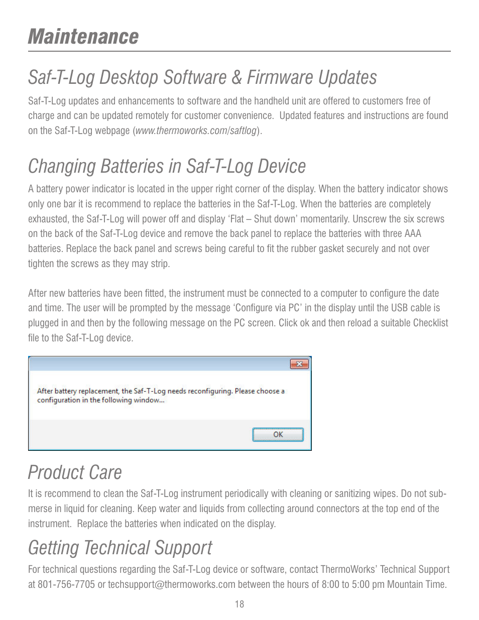 Maintenance | ThermoWorks 292-701 SAF-T-LOG PAPERLESS HACCP THERMOMETER  Operating Instructions User Manual | Page 18 / 18