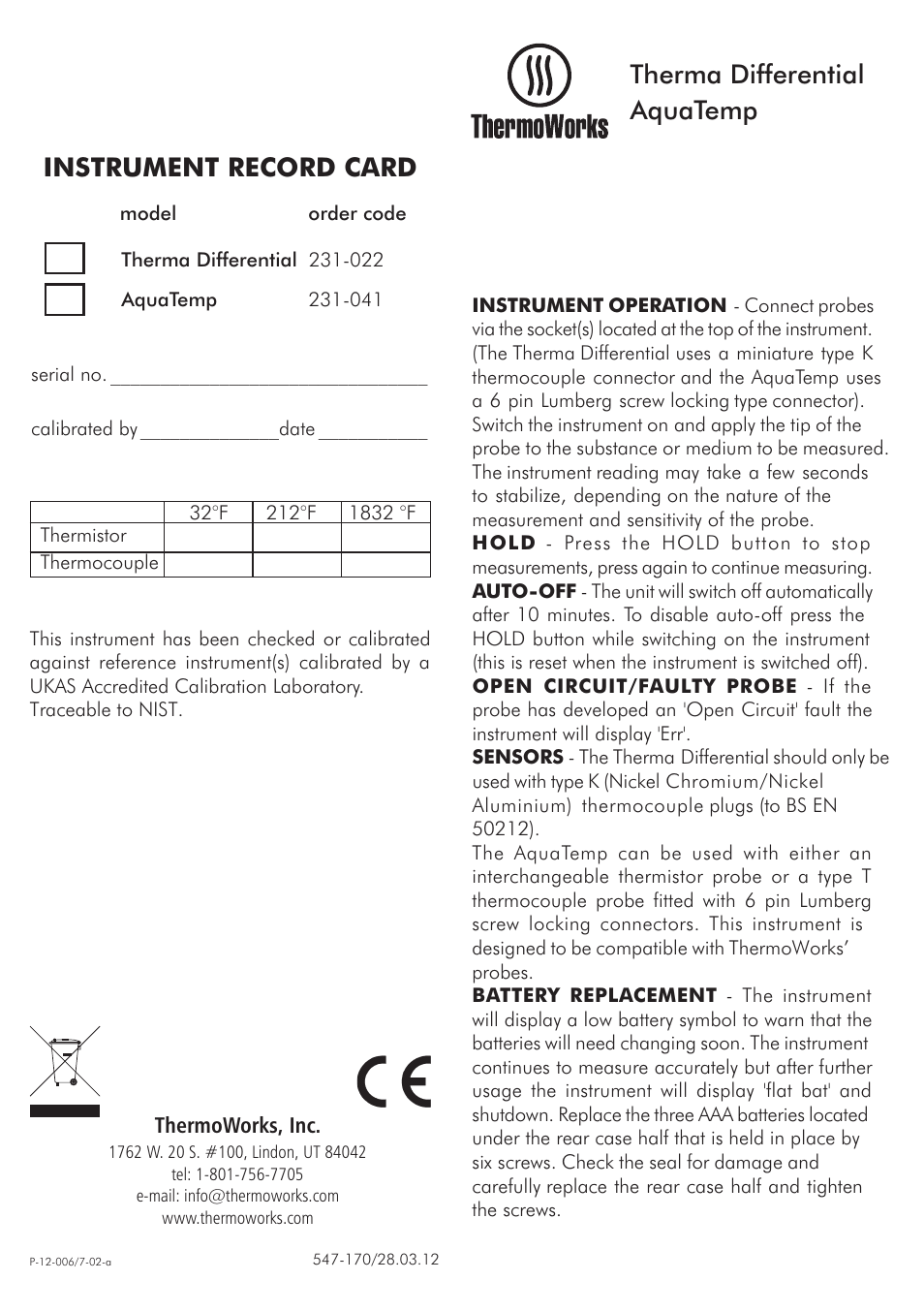 ThermoWorks 231-022 THERMA DIFFERENTIAL THERMOCOUPLE METER User Manual | 2 pages