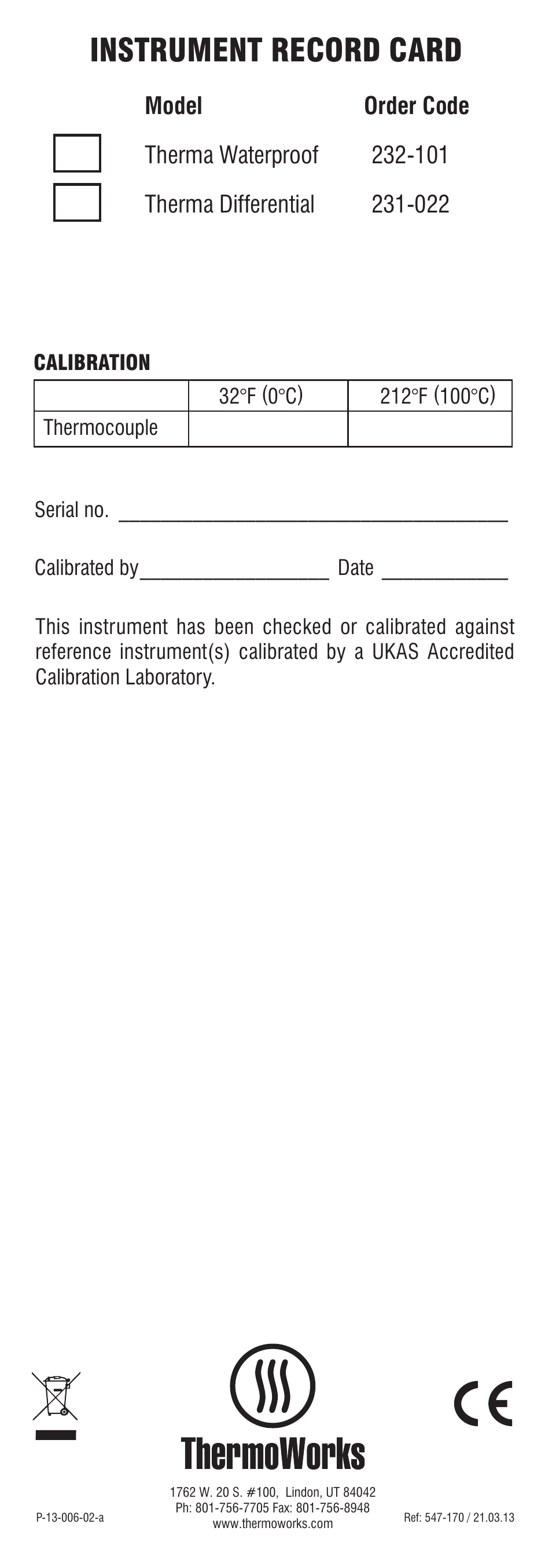 Instrument record card | ThermoWorks 232-101 THERMA WATERPROOF THERMOMETER User Manual | Page 4 / 4