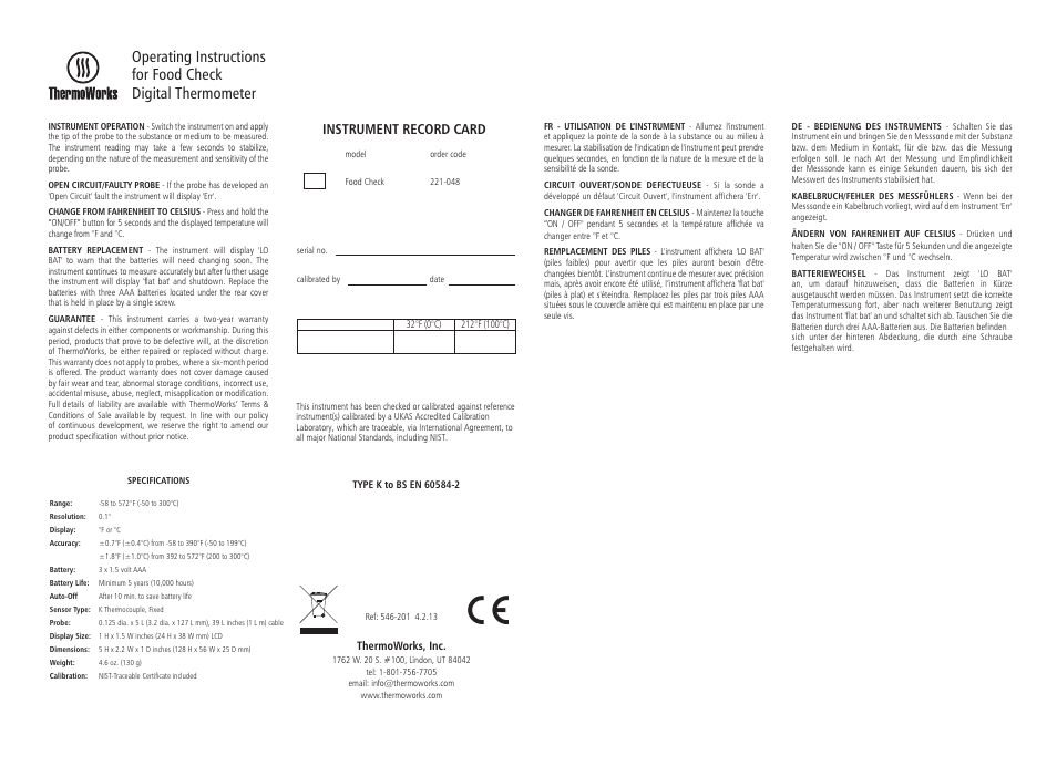 ThermoWorks 221-048 FOOD CHECK THERMOCOUPLE SYSTEM User Manual | 2 pages