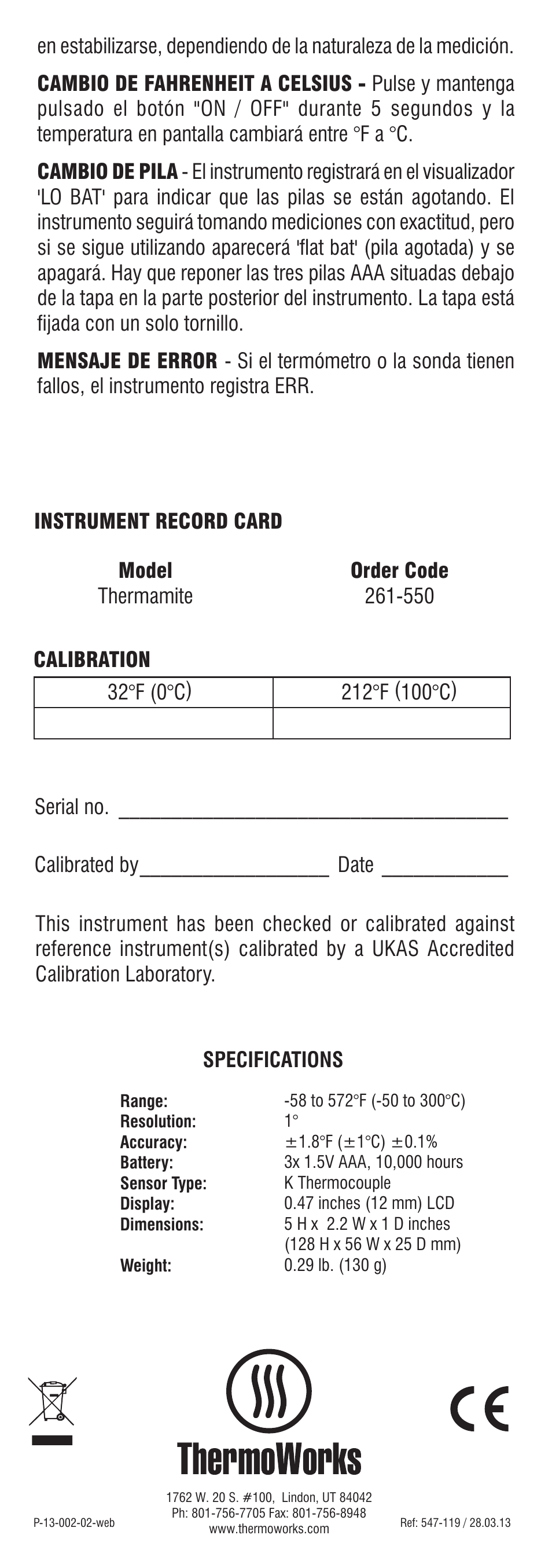 ThermoWorks 261-550 THERMAMITE THERMOCOUPLE METER WITH FIXED PENETRATION PROBE User Manual | Page 4 / 4