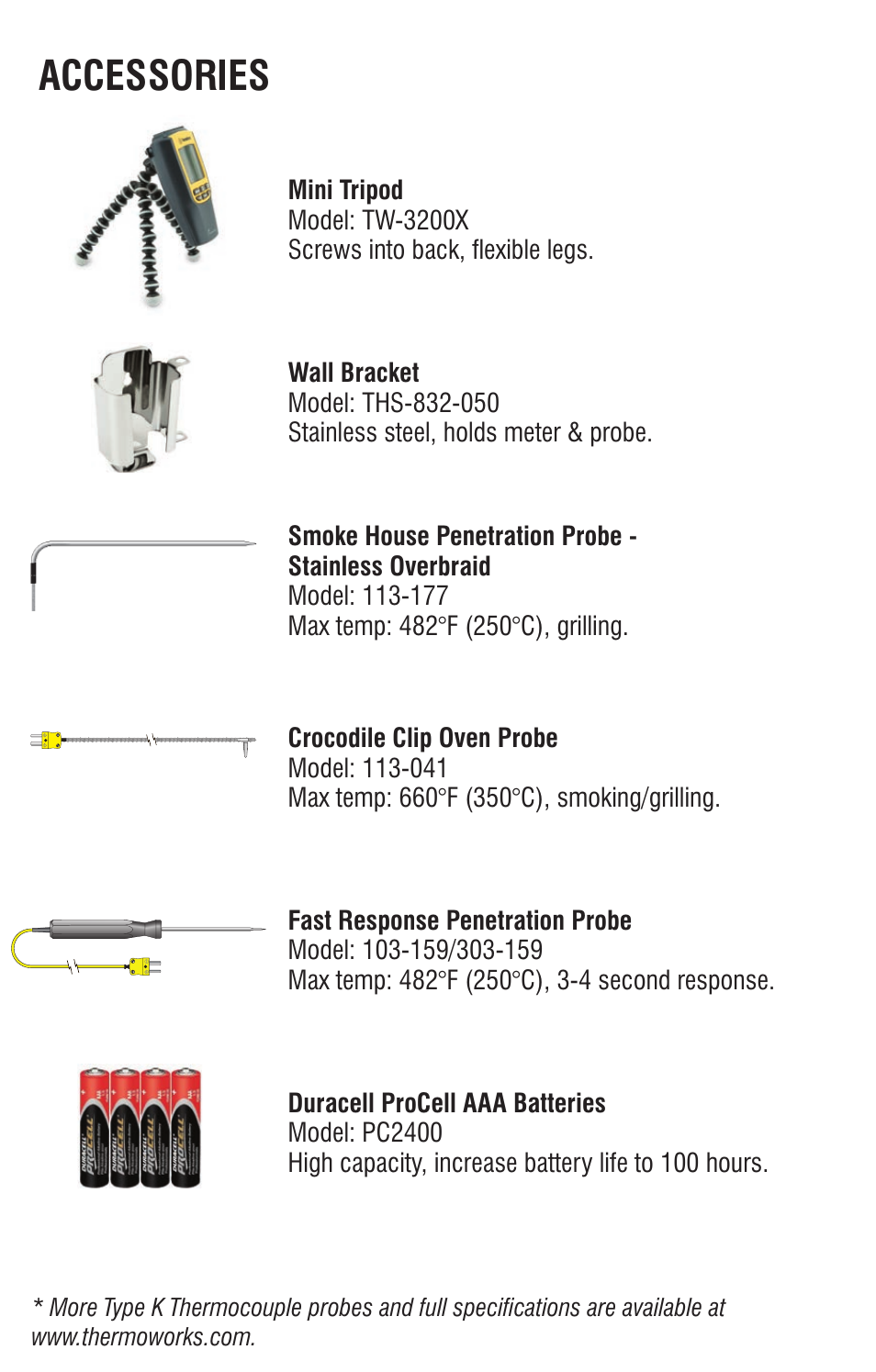 Accessories | ThermoWorks TW8060 TWO-CHANNEL THERMOCOUPLE WITH ALARM User Manual | Page 15 / 16