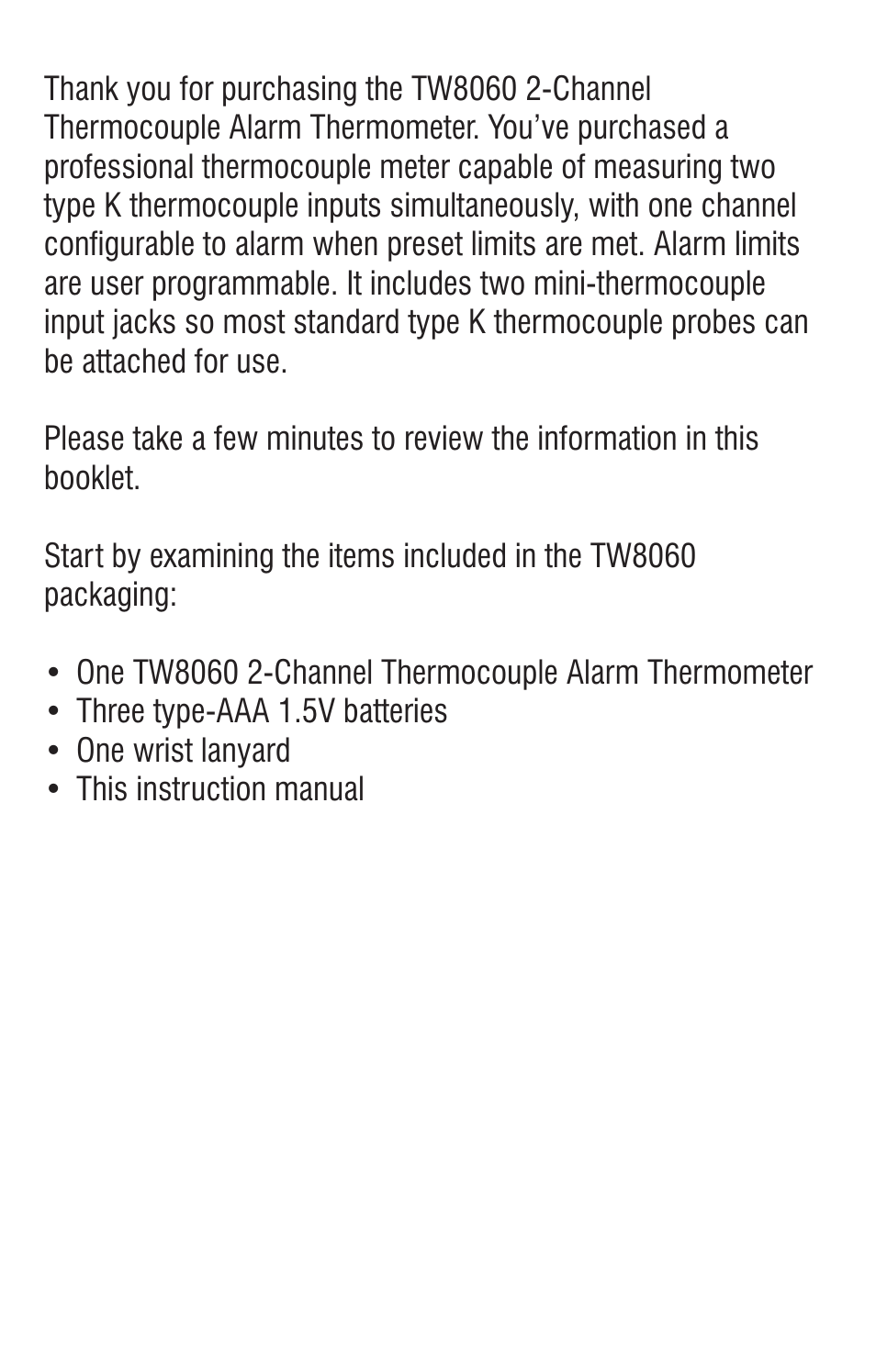 ThermoWorks TW8060 TWO-CHANNEL THERMOCOUPLE WITH ALARM User Manual | Page 3 / 16