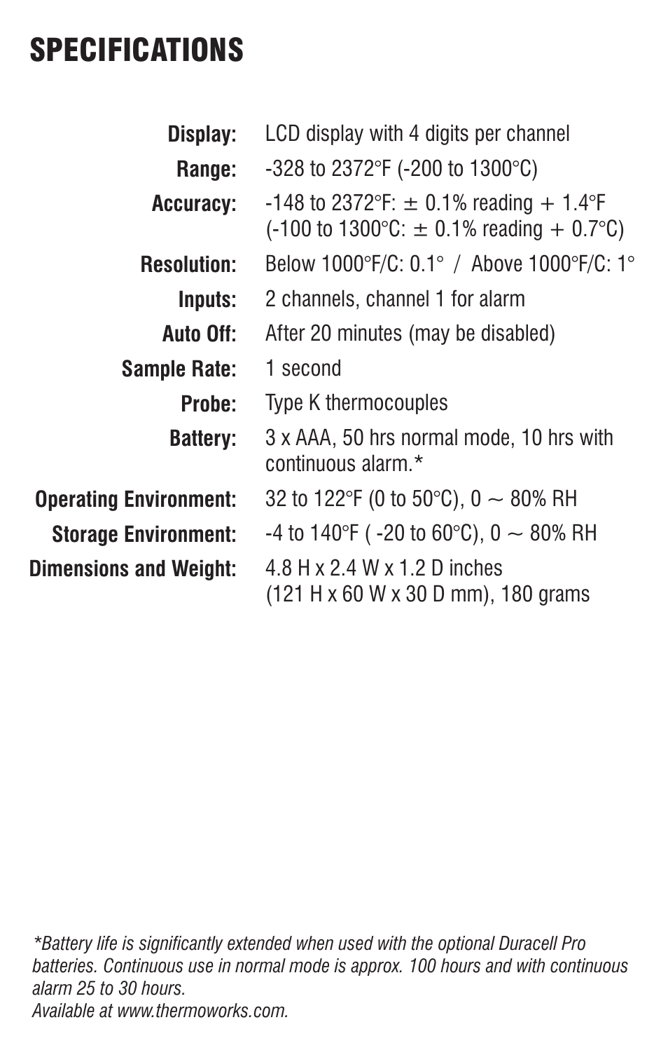 Specifications | ThermoWorks TW8060 TWO-CHANNEL THERMOCOUPLE WITH ALARM User Manual | Page 4 / 16