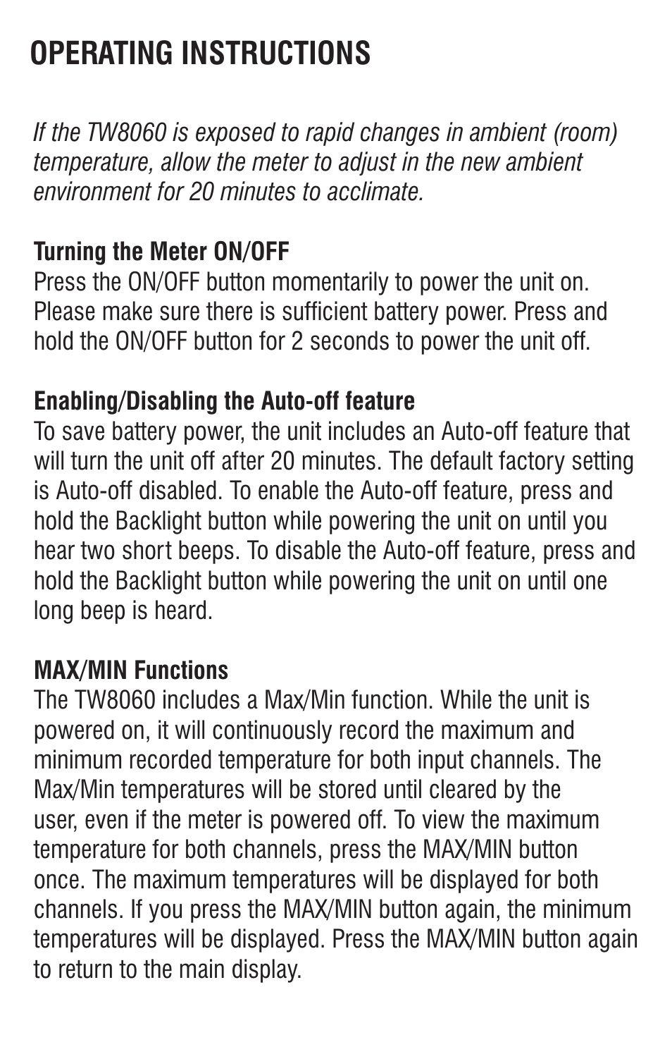 Operating instructions | ThermoWorks TW8060 TWO-CHANNEL THERMOCOUPLE WITH ALARM User Manual | Page 7 / 16