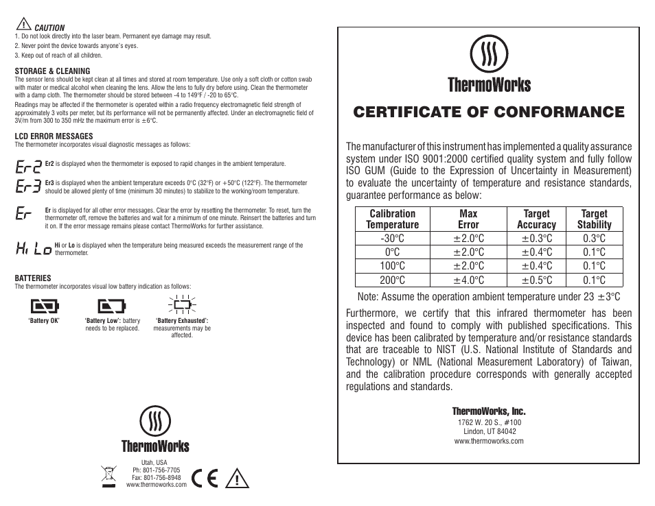 Certificate of conformance | ThermoWorks CF-IR CLOSE FOCUS INFRARED THERMOMETER User Manual | Page 2 / 2