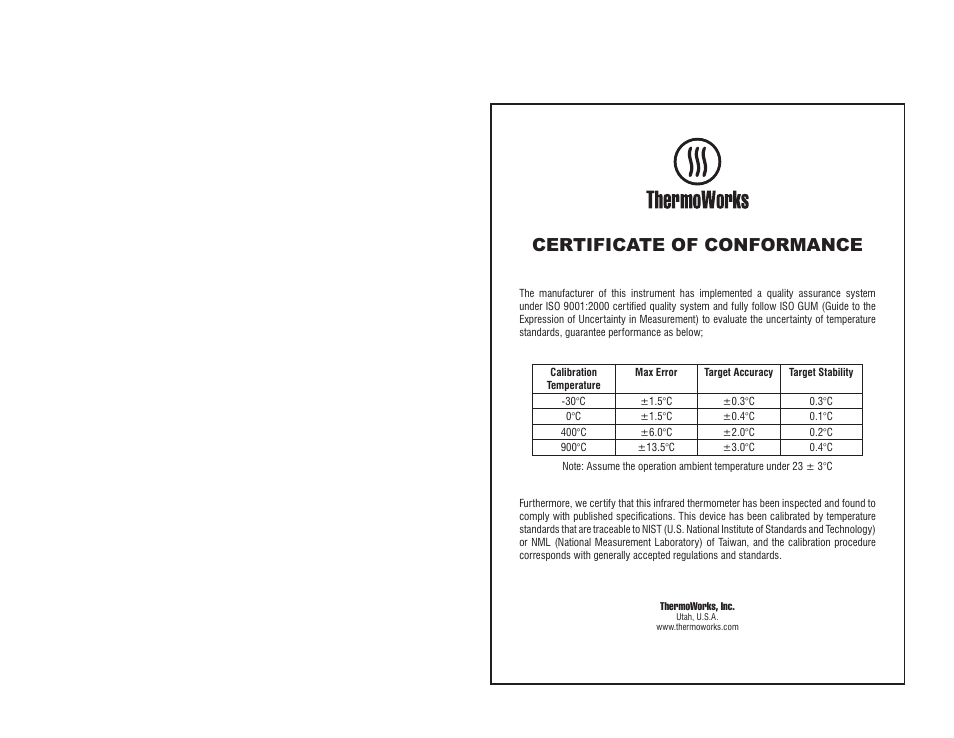 Certificate of conformance | ThermoWorks R-PRO PROFESSIONAL INFRARED THERMOMETER User Manual | Page 2 / 2