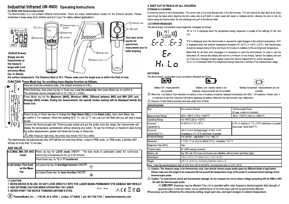 ThermoWorks R-IND INDUSTRIAL INFRARED THERMOMETER WITH CIRCLE LASER Operating Instructions User Manual | 2 pages