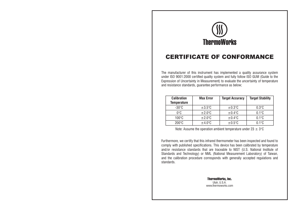 Certificate of conformance | ThermoWorks R-IND INDUSTRIAL INFRARED THERMOMETER WITH CIRCLE LASER Operating Instructions User Manual | Page 2 / 2