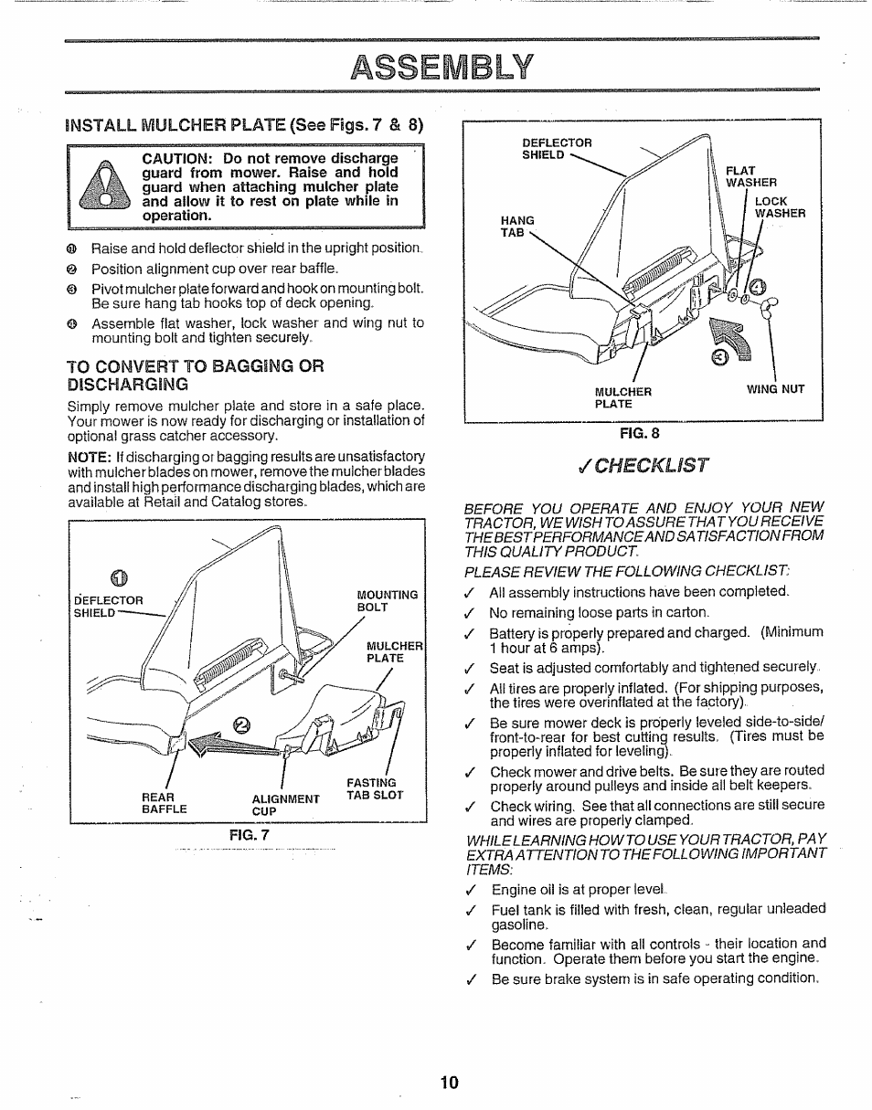 Install mulcher plate (see figs. 7 & 8), To convert to bagging or discharging, Assembly | Checklist | Craftsman 917.256930 User Manual | Page 10 / 56