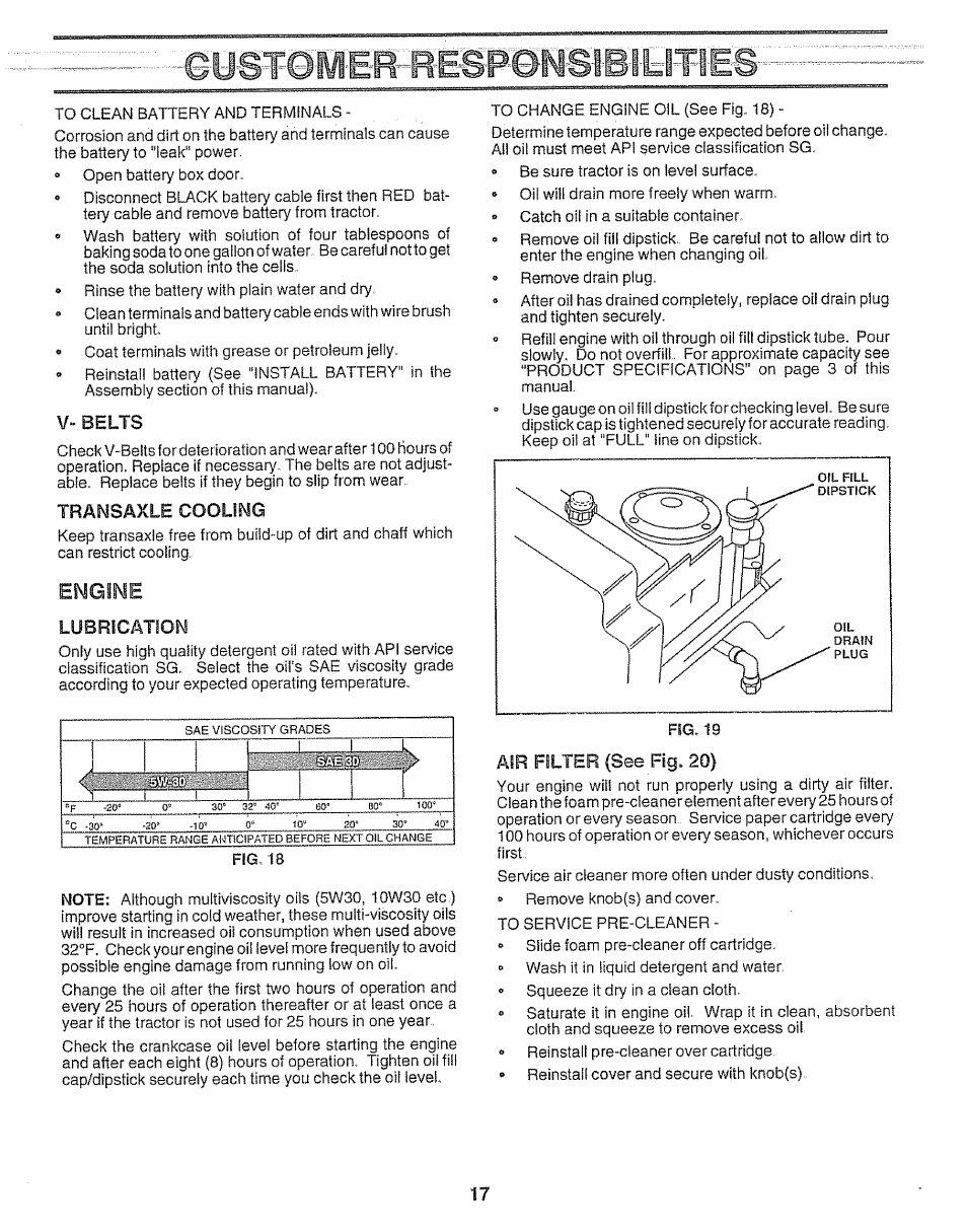 V- belts, Transaxle cooling, Engine | Lubrication, Air filter (see fig. 20), Eyst0iìer-rìsp©nbibihti-es | Craftsman 917.256930 User Manual | Page 17 / 56