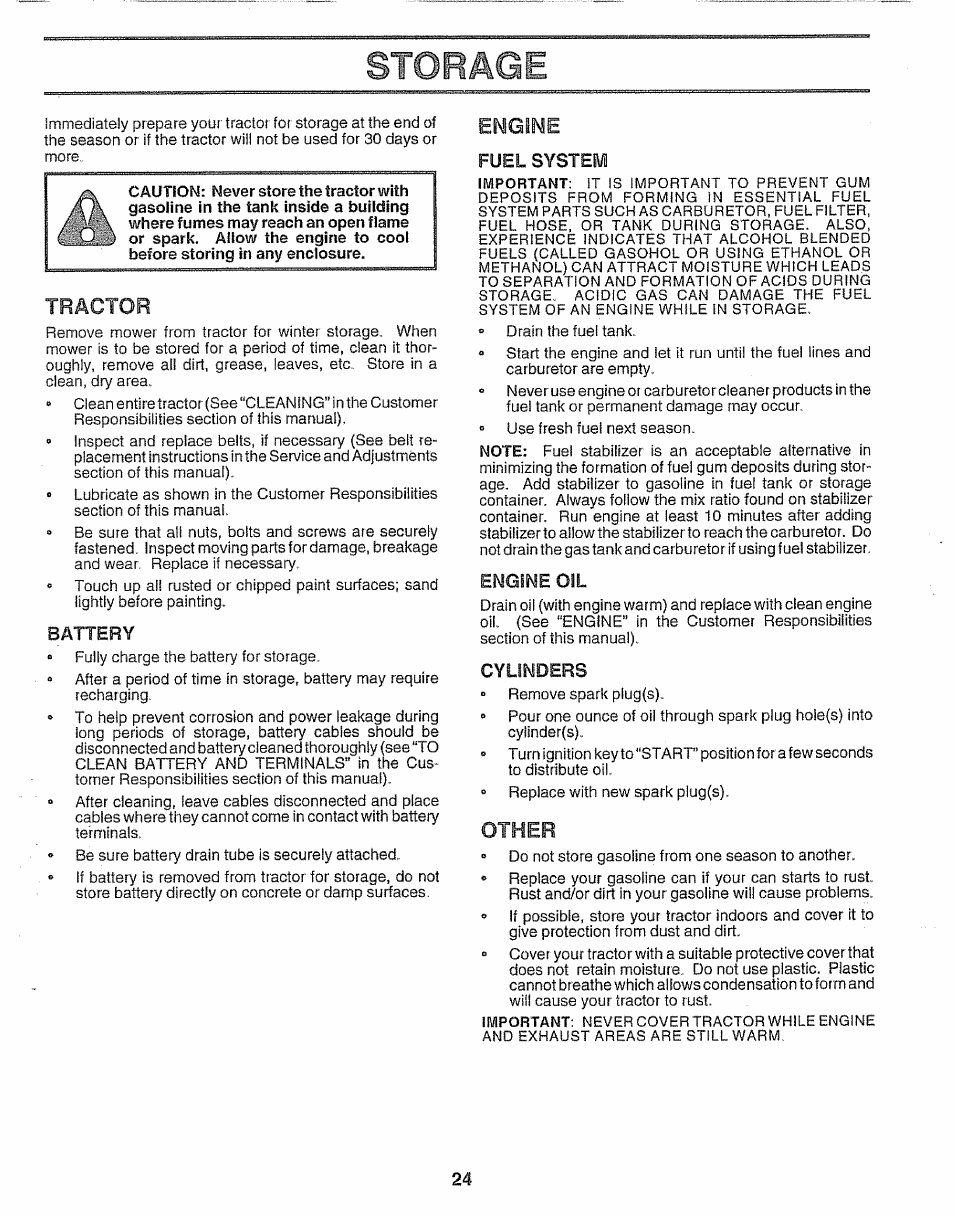 Storage, Tractor, Battery | Engine, Fuel system, Engine oil, Cylinders, Other | Craftsman 917.256930 User Manual | Page 24 / 56