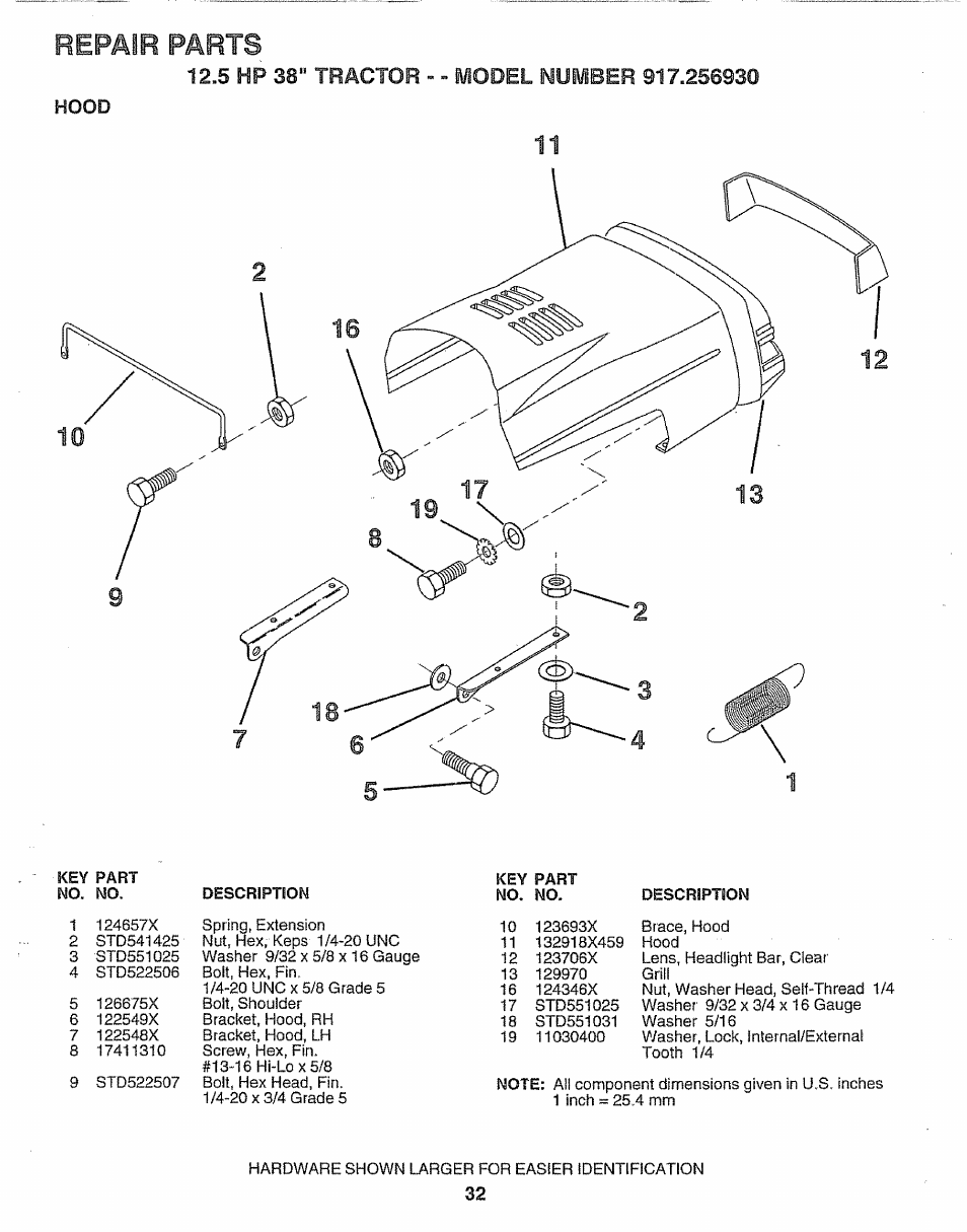 Repair parts, 5 hp 38“ tractor - - model number 917.256930, Hood | 5 hp, Tractor - - model | Craftsman 917.256930 User Manual | Page 32 / 56