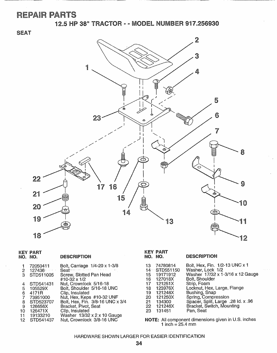 Repair parts, 12,5 hp 38" tractor - - model number 917.250930, Seat | Craftsman 917.256930 User Manual | Page 34 / 56