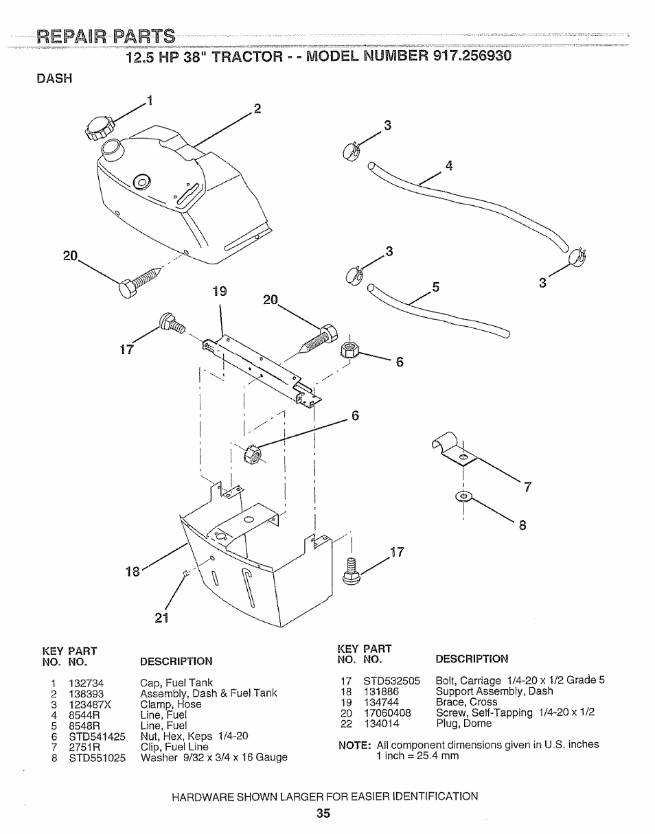 Repaid parts, Dash, 5 hp 38" tractor - - model number 917.256930 | Craftsman 917.256930 User Manual | Page 35 / 56