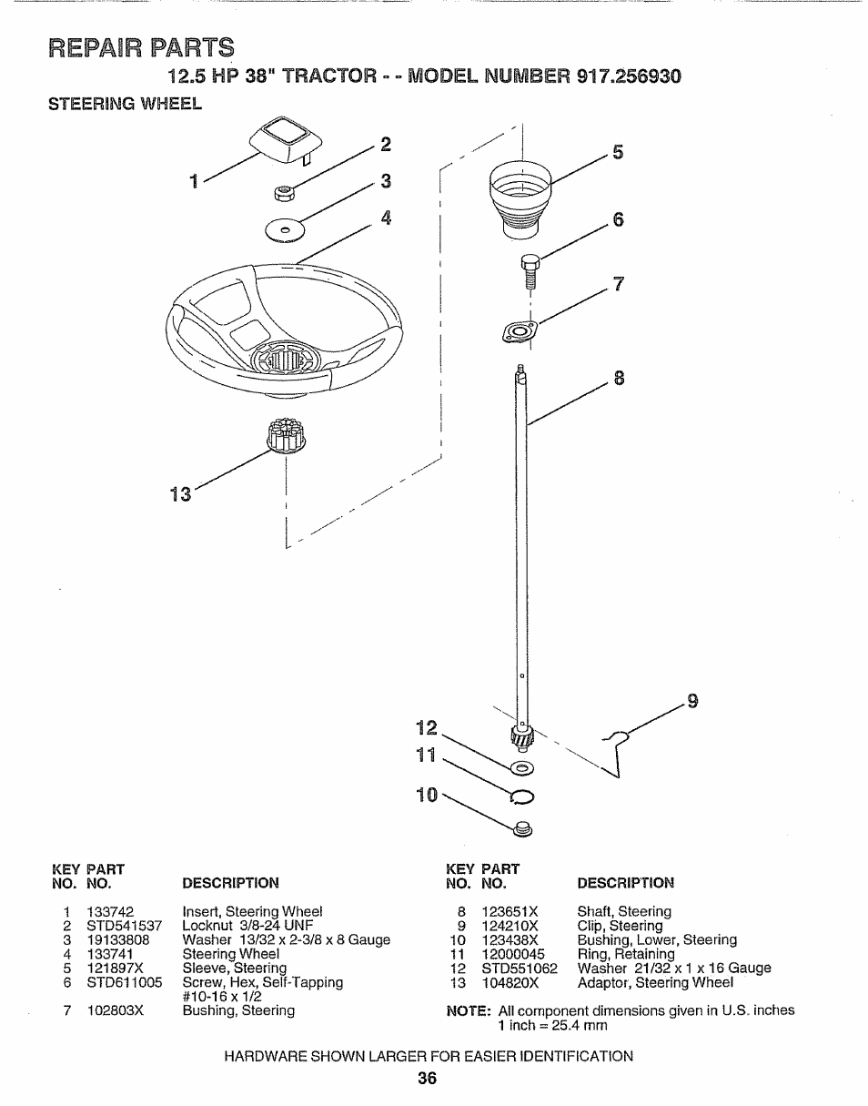 Repair parts, 5 hp 38" tractor - - model number 917.256930, Steerlisig wheel | Craftsman 917.256930 User Manual | Page 36 / 56