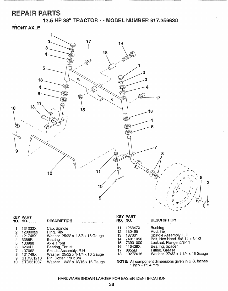 Repair parts, 5 hp 38" tractor - - model number @17.256930, Front axle | Craftsman 917.256930 User Manual | Page 38 / 56