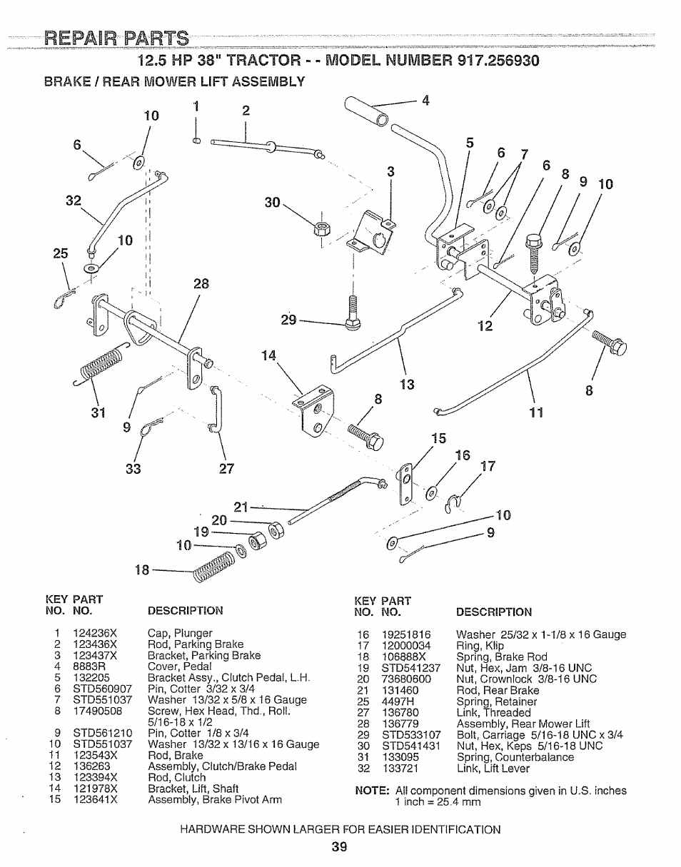 Repair parts, 5 hp 38" tractor - - model number 917.266930, Brake / rear mower lift assembly | Repair..... parts | Craftsman 917.256930 User Manual | Page 39 / 56