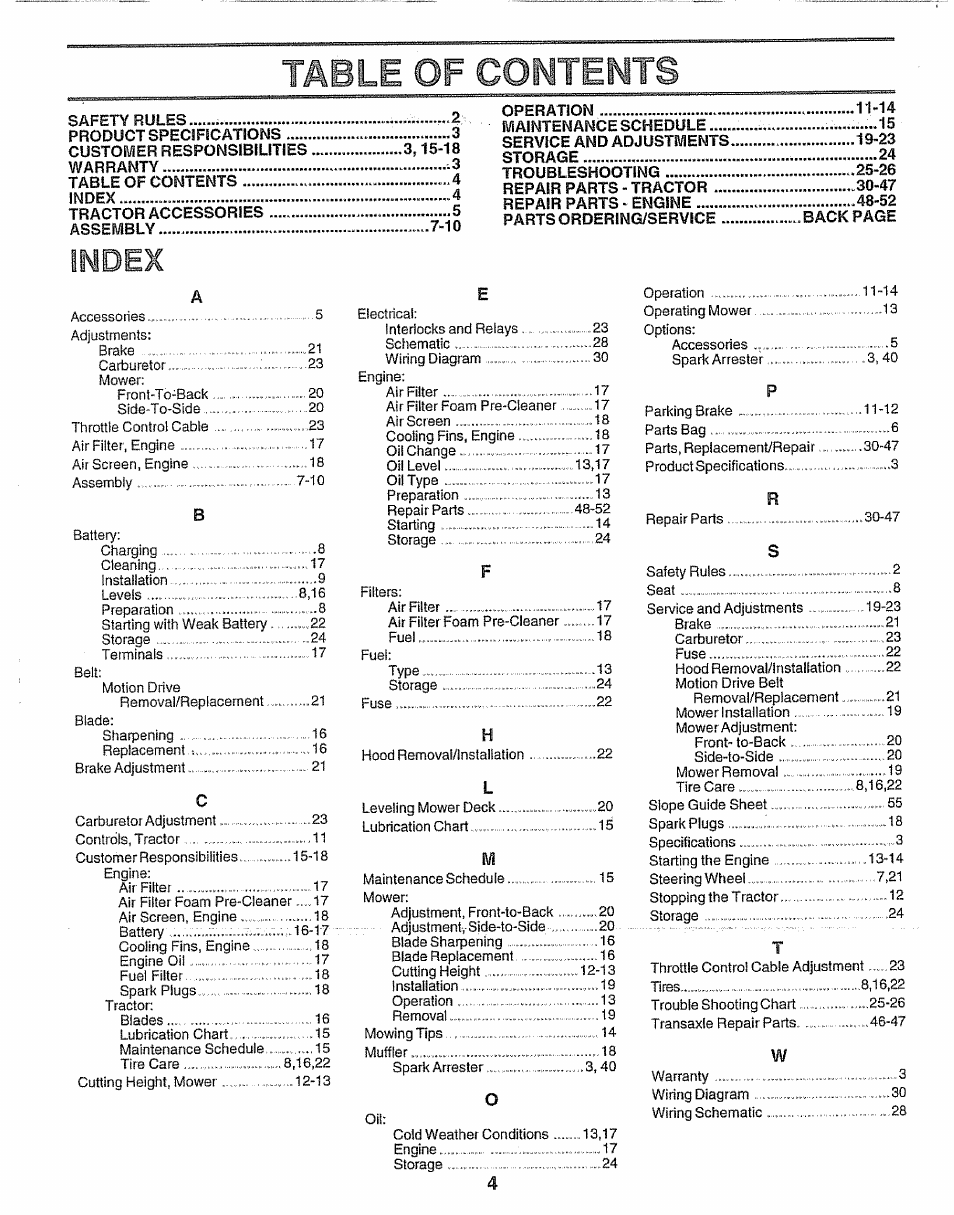 Taile of contemts, Index | Craftsman 917.256930 User Manual | Page 4 / 56