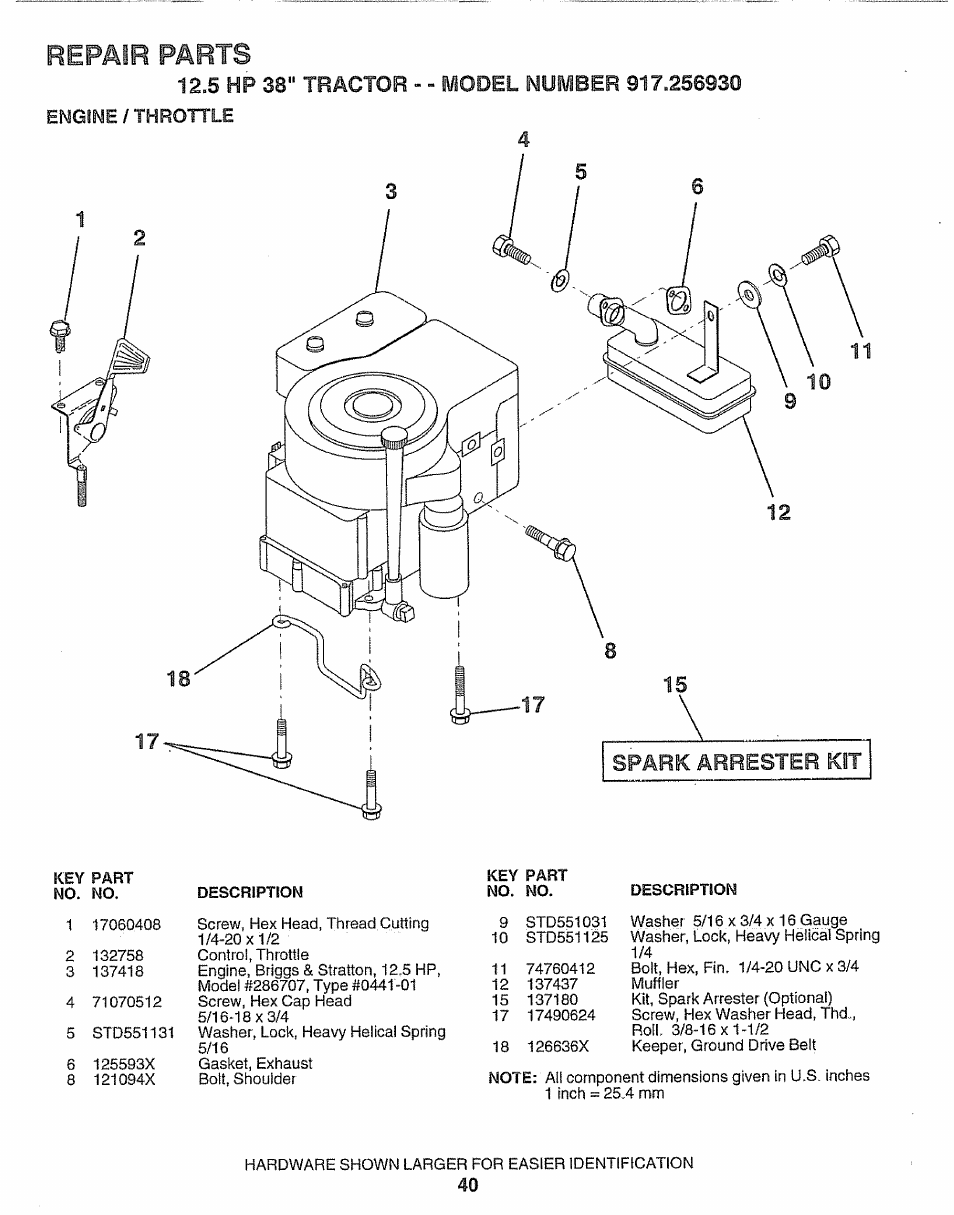 5 hp 38" tractor, Engine/throttle, Parts | Repair | Craftsman 917.256930 User Manual | Page 40 / 56