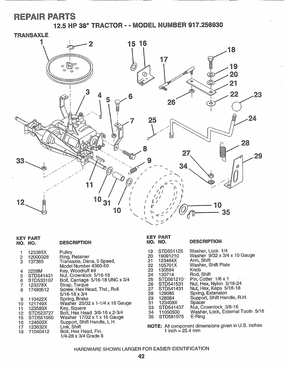 Repaid parts, 5 hp 38” tractor - - model number 917.256930, Transaxle | Craftsman 917.256930 User Manual | Page 42 / 56