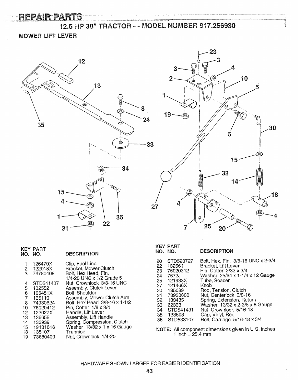 5 hp 38" tractor - - model number 917.256930, Mower lift lever | Craftsman 917.256930 User Manual | Page 43 / 56