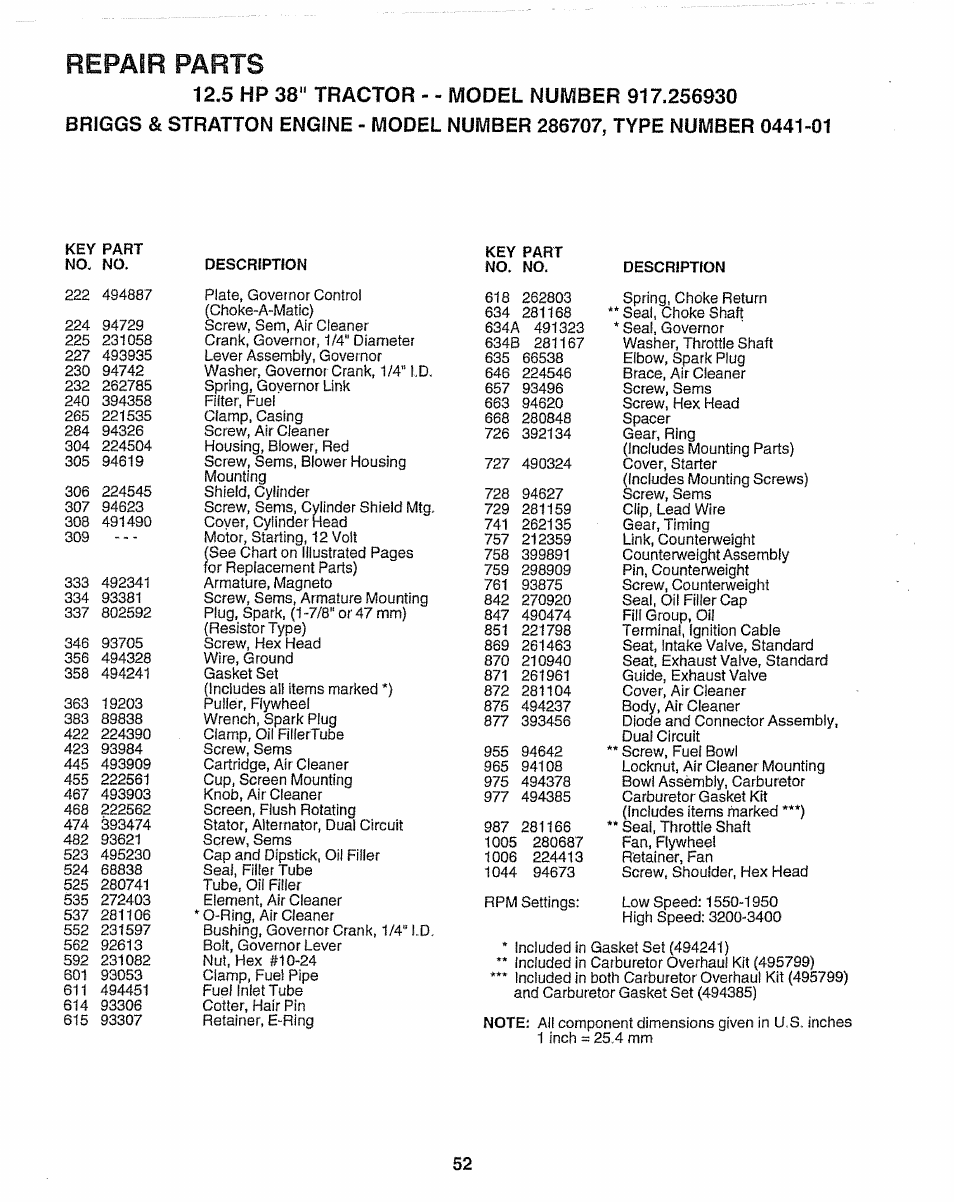 Parts, Repair | Craftsman 917.256930 User Manual | Page 52 / 56