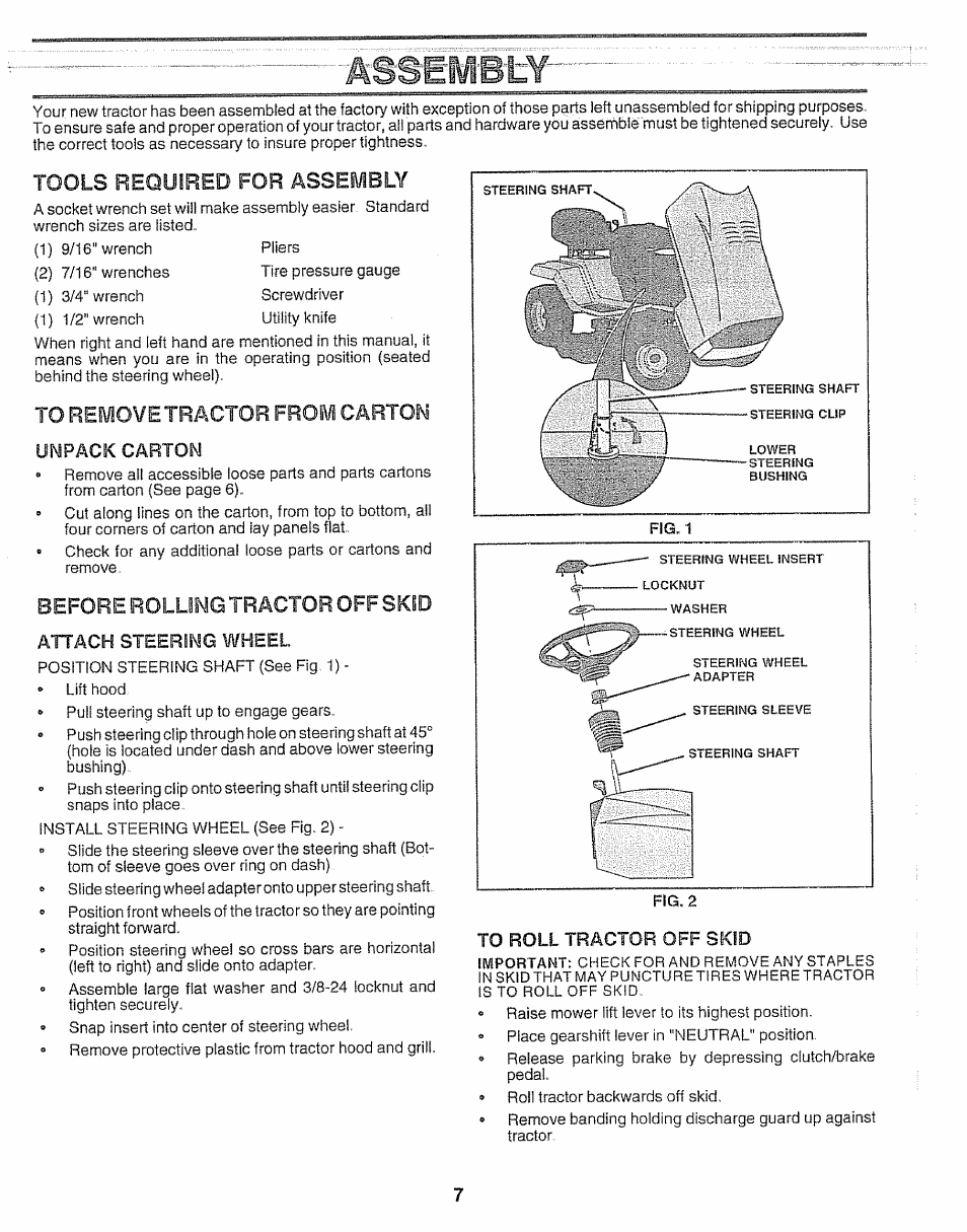 Tools required for assembly, To remove tractor from carton, Unpack carton | Before rolling tractor off skid, To roll tractor off skid, Assembly | Craftsman 917.256930 User Manual | Page 7 / 56