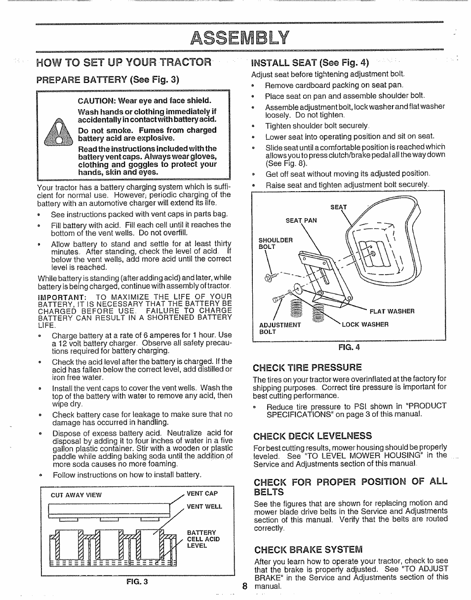 How to set up your tractor, Prepare battery (see fig. 3), Install seat (see fig. 4) | Check tire pressure, Check deck levelness, Check for proper position of all belts, Check brake system, Assembly | Craftsman 917.256930 User Manual | Page 8 / 56