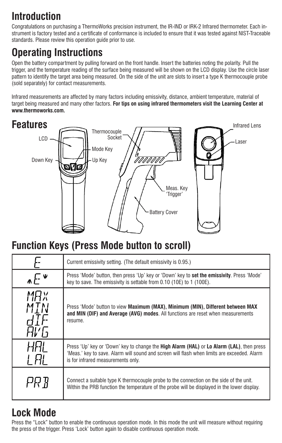 ThermoWorks IRK-2 INFRARED THERMOMETER Operating Instructions User Manual | Page 2 / 4