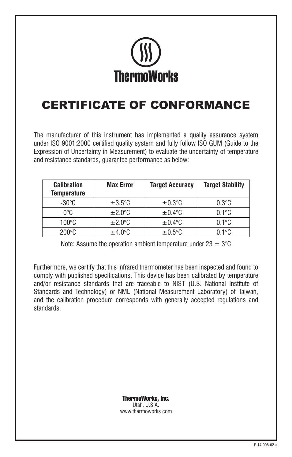 Certificate of conformance | ThermoWorks IRK-2 INFRARED THERMOMETER Operating Instructions User Manual | Page 4 / 4