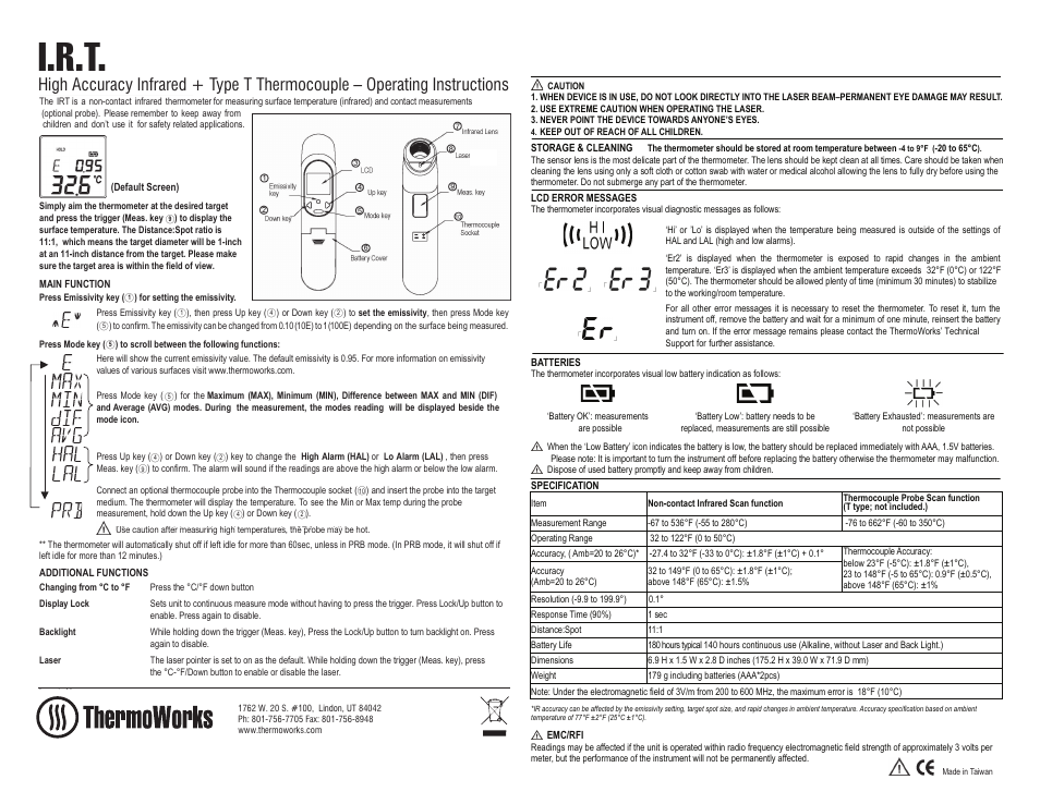 ThermoWorks IRT INFRARED + TYPE T INPUT THERMOMETER User Manual | 2 pages