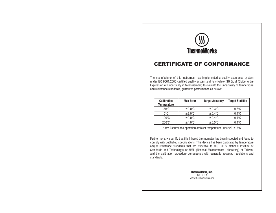 Certificate of conformance | ThermoWorks IRT INFRARED + TYPE T INPUT THERMOMETER User Manual | Page 2 / 2